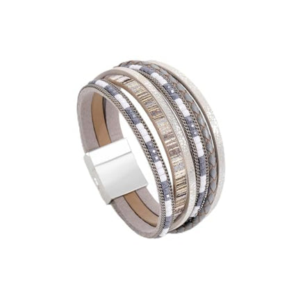 ZMANYIJEW Leather Wrap Bracelets for Women,Boho Cuff Bracelets Multi-Layer Crystal Beads Cuff Bracelet Multilayered Leopard Leather Braided Bangle Wrist Cuff Bangles - style: grey