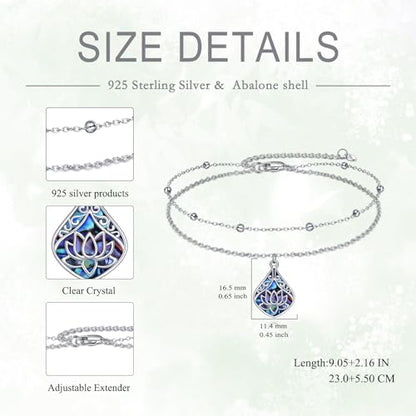 POPLYKE 925 Sterling Silver Double Layered Chain Evil Eye Daisy Sunflower Butterfly Anklets for Women Holiday Beach Crystal Ankle Bracelet Dainty Evil Eye Jewelry - style: Abalone Lotus Anklet