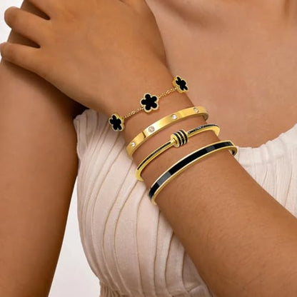 MOINSPIRE Gold Bracelets for Women, 18K Gold Plated Tennis Nail Clover love Bangle Bracelets Set Non Tarnish, Stainless Steel Trendy Stackable Bracelet Fashion Jewelry Accessories Gifts for Christmas - color: C1-Black