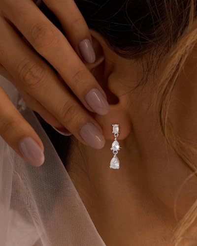 14K Gold Plated/Sterling Silver CZ Pearl Drop Dangle Earrings for Women - color: Silver-3 CZ