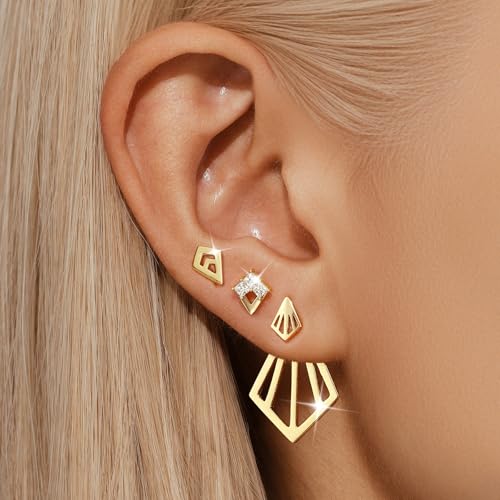 GEORGE · SMITH Geometric earring set for women, Star stud earrings set Suitable for multiple ear piercings 14K gold plated simple Rhombus earrings, front and back earrings for women（3 pairs）