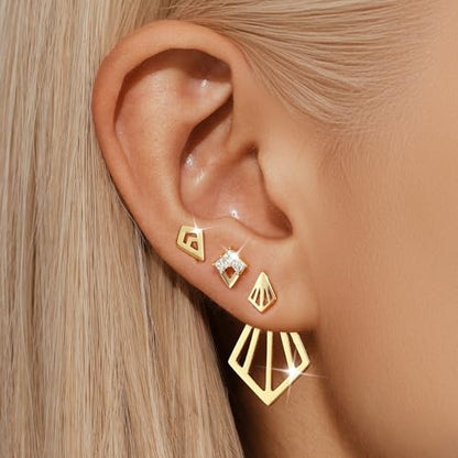 GEORGE · SMITH Geometric earring set for women, Star stud earrings set Suitable for multiple ear piercings 14K gold plated simple Rhombus earrings, front and back earrings for women（3 pairs）