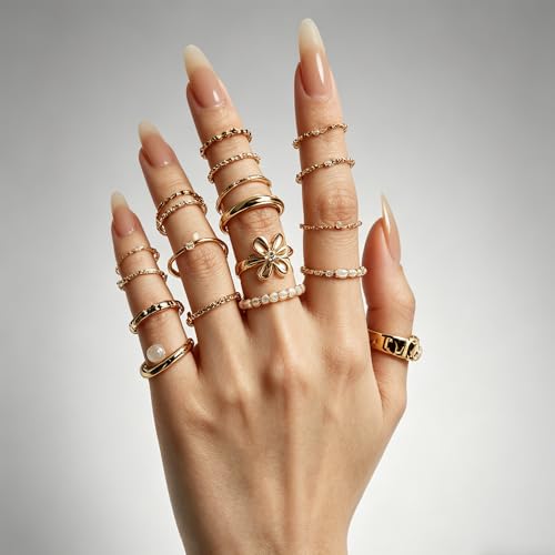 Chunky Gold Rings for Women Non Tarnish, Baroque Pearl Flower Tiger's Eye Stone Rings Adjustable Stacking Statement Rings Set Fashion Jewelry Gifts - style: Handmade/flower/small pearl