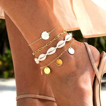 Sea Shell Starfish Anklet with Pearl Charms, Layered Heart Beach Statement Chunky Ankle Bracelet, Gold Tone Chain - color: Gold C