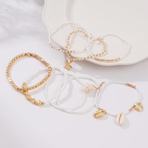 LALAPPLE Shell Bracelet Boho Beaded Stretch Bracelets for Women Seashell Strand Bracelets Starfish Charm Jewelry Summer Beach Jewelry Stackable Crystal Gold Plated Beads Bracelet for Women - style: Style3