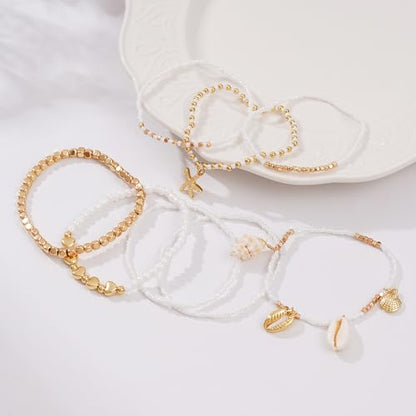 LALAPPLE Shell Bracelet Boho Beaded Stretch Bracelets for Women Seashell Strand Bracelets Starfish Charm Jewelry Summer Beach Jewelry Stackable Crystal Gold Plated Beads Bracelet for Women - style: Style3