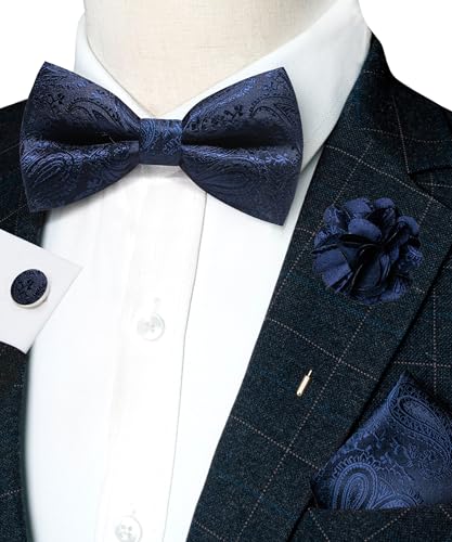 JEMYGINS Mens Paisley Bow Tie and Lapel Pin Necktie Pocket Square and Tie Clip with Sets for Business Casual 4PCS - color: Navy Blue