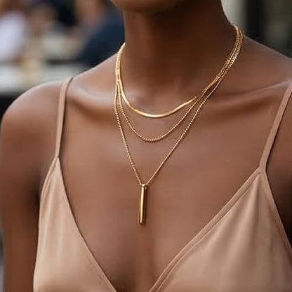 Bohemian Layered Necklace for Women – 3-Layer Dainty Stacked Pendant Necklace with Snake Chain, Ribbed Chain & O-Chain, Trendy Multi-Strand Gold Jewelry for Everyday Casual, Party & Vacation