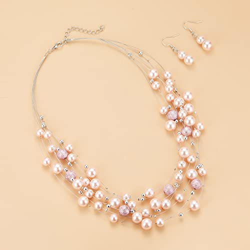 FULU AUTUMN Layered Pearl Necklace Multi-strand Pearl Choker Necklaces for Women Beaded jewelry for Wedding Parties - color: 37-Pink