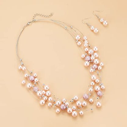 FULU AUTUMN Layered Pearl Necklace Multi-strand Pearl Choker Necklaces for Women Beaded jewelry for Wedding Parties - color: 37-Pink