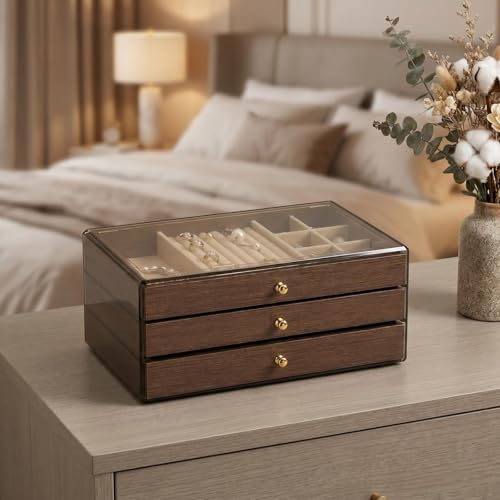 3 - Layer Wooden Drawers Jewelry Box for Women, Jewelry Organizer with Acrylic Cover & Velvet Lining - Adjustable Compartments for Earrings, Rings, Necklaces, Bracelets, Lipstick - size: 10"D x 4.5"W x 6.8"H