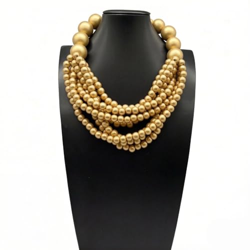 COLORFUL BLING Boho African Wooden Beaded Strands Necklace Ethnic Layered Chunky Collar Choker Wood Necklace for Women Hip Hop Statement Jewelry - color: gold