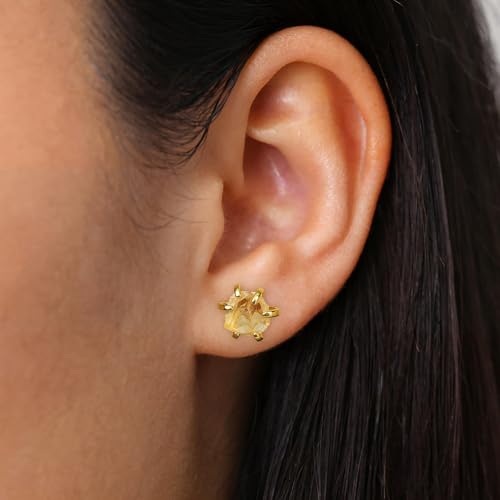 Crystal Earrings, Natural Raw Citrine Prong Setting Stud Earrings for Women, Handmade Gold Plated November Birthstone Earrings
