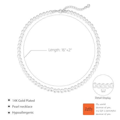 Zeffy Pearl Necklace 4MM/6MM/8MM Dainty Round Imitation Pearl Choker Necklace Wedding Pearl Necklace Delicate Jewelry for Women Simple Bridesmaid Jewelry Gifts - style: 6mm Silver Pearl Necklace(16"+2")
