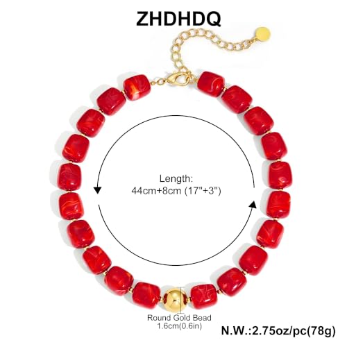 Multicolor Beaded Necklace,Chunky Cube Beaded Statement Necklace, Boho Resin Choker Necklace for Women,Lightweight & Cool, Suitable for Beach, Vacation, Daily Wear & Summer Parties - color: Red