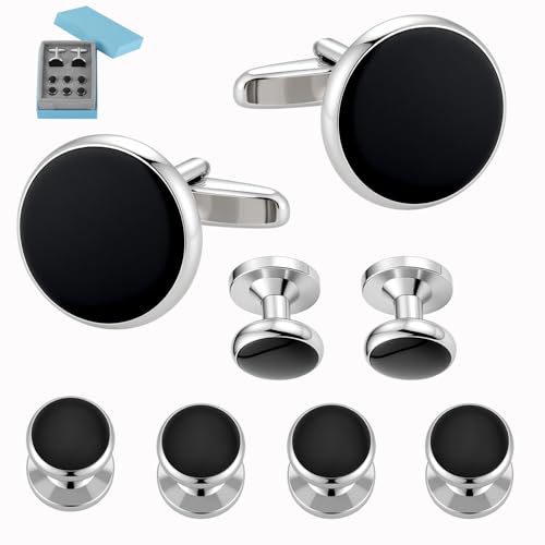 GWD Mens Cufflinks Stainless Steel Tuxedo Shirt Studs Set with Gift Box Black Cuff link Jewelry Gift Wedding Business - style: silver