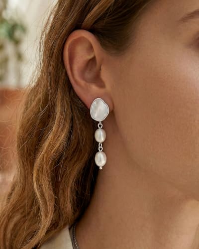 Pearl Earrings - 14K Gold/White Gold/Rose Gold Plated Cubic Zirconia CZ Diaomond Accented Pearl Drop Dangle Earrings for Women Wedding Bridal Prom - color: Silver Mother of Pearl