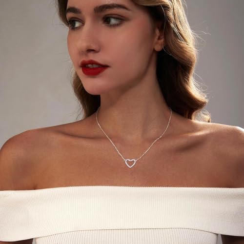 HERIER Cute Heart Necklace Dainty 18k Gold Plated Tiny Heart Pendant Choker Necklaces Small Gold Love Open Heart Chain Necklace for Women Simple Gold Necklace for Women Trendy Jewelry - color: CZ Open Heart Necklace-Silver