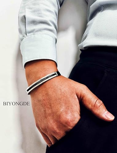 Stainless Steel Cuff Bracelet with Inlaid Chain,Sleek Open Bangle - color: Silver Cuff with Single Black Chain