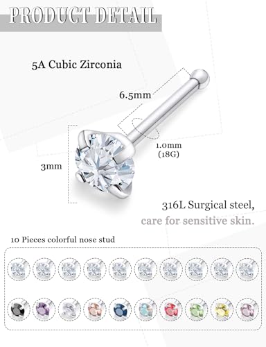 18G 20G 22G Round Cubic Zirconia Nose Rings Studs for Women Men 316L Stainless Surgical Steel Nose Ring Stud Piercing Jewelry Silver Clear CZ 1.5mm 2mm 3mm - style: 18G Straight Silver CZ 3 mm