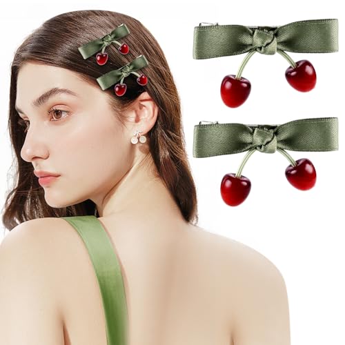 Cute Cherry Hair Clip for Women Girls Kids 2Pcs Red Cherry Hair Pins Nonslip Satin Bow Hair Barrette Snap Sweet Metal Alligator Clips for Long Thick Hair Trendy Lovely Cherry Hair Accessories - color: B, 2Pcs