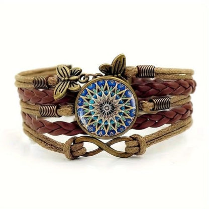 Mandala Floral Bracelet - Handmade Boho Braided Faux Leather Wrap Bracelet with Butterfly Charm - Vintage Adjustable Hippie Jewelry