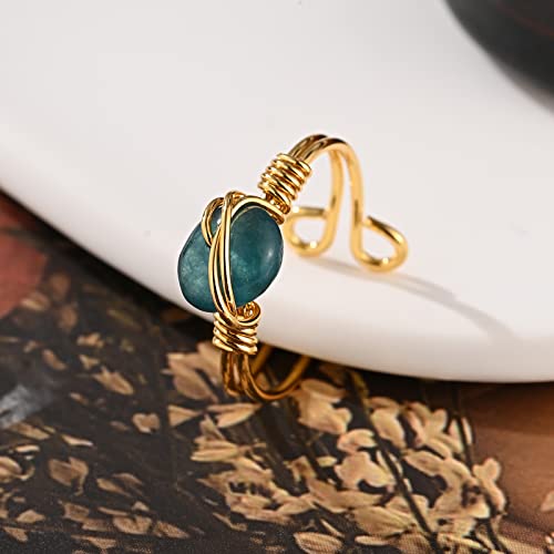 9 PCS Healing Crystal Ring, Adjustable Wire Wrapped Rings Irregular Gemstone Rings Set for Women - color: Gold-Style B