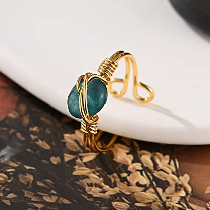 9 PCS Healing Crystal Ring, Adjustable Wire Wrapped Rings Irregular Gemstone Rings Set for Women - color: Gold-Style B