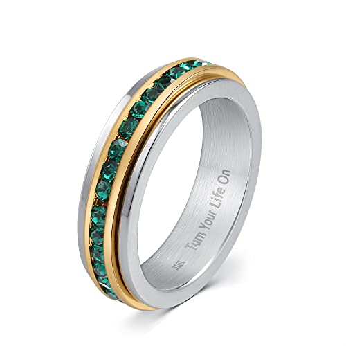 Muses Art Design Fidget Rings, Anxiety Rings, Spinner Rings, Band Rings with Birthstone, Stainless Steel, Women and Men, Meditation Rings, Thumb Rings, Stress Relieving and Anxiety Reducing - color: May - Emerald
