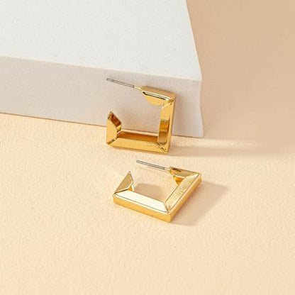 14K Gold Plated Geometric Hoop Earrings for Women Chunky Hypoallergenic Thick Lightweight Jewelry - color: Gold-6 Pairs