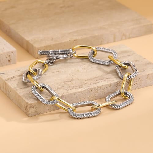 Link Chain Bracelets for Women, Two Tone Link Bracelets Gold and Silver Paperclip Vintage Bracelets Wire Bangle Jewelry Gifts - style: Paperclip