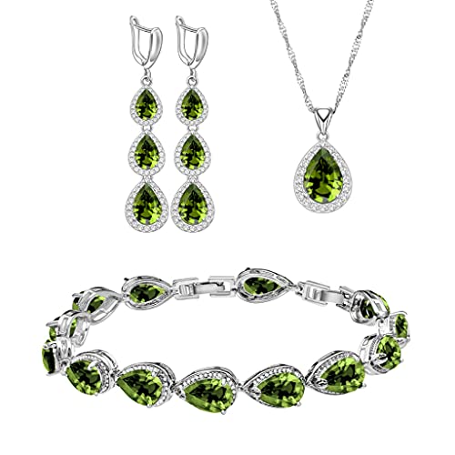 LMXXVJ Necklace Long Earrings Bracelet Set, White Gold Plated Created Blue Sapphire Jewelry Set Wedding Party Gift Jewelry for Women Bridal Bridesmaid - color: Olive Green