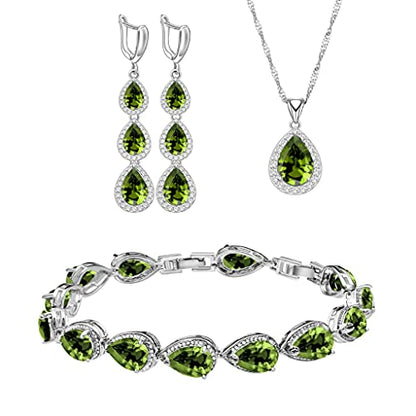 LMXXVJ Necklace Long Earrings Bracelet Set, White Gold Plated Created Blue Sapphire Jewelry Set Wedding Party Gift Jewelry for Women Bridal Bridesmaid - color: Olive Green