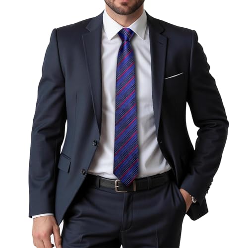 Dubulle Mens Paisley Striped Tie Woven Necktie for Men and Handkerchief Cufflinks Set Wedding Formal Business - color: Dark Blue Red