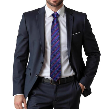 Dubulle Mens Paisley Striped Tie Woven Necktie for Men and Handkerchief Cufflinks Set Wedding Formal Business - color: Dark Blue Red