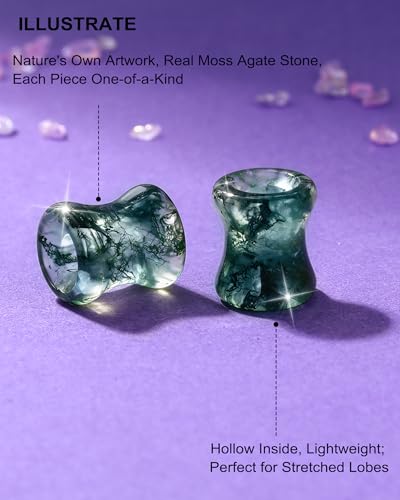 Jewseen 2g-5/8 Moss Agate Ear Gauges Plugs Real Natural Stone Double Flared Ear Tunnels Stretchers Gauges for Women Men Plugs Piercing Jewelry - size: 2g=6mm