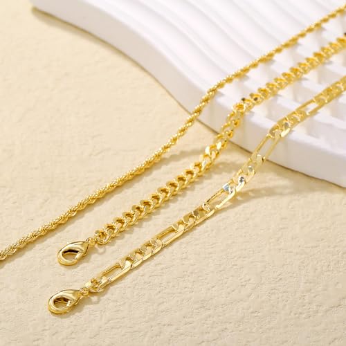 Plus Size Ankle Bracelets for Women - Extra Large 10"+2" Adjustable Anklet 14K Real Gold Plated Anklet Cuban Link, Figaro, Rope, Snake Herringbone - Summer Beach Waterproof Foot Jewelry - color: Figaro,Curb,Rope