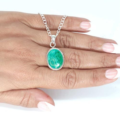 Chunky Natural Gemstone Pendant Necklace For Women Onyx, Turquoise, Amber, Garnet Oval Boho Genuine 925 Sterling Silver Handmade Jewelry - color: Amazonite