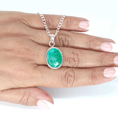 Chunky Natural Gemstone Pendant Necklace For Women Onyx, Turquoise, Amber, Garnet Oval Boho Genuine 925 Sterling Silver Handmade Jewelry - color: Amazonite