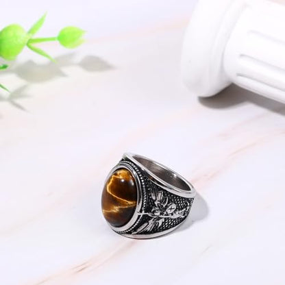 OIDEA Signet Rings for Men: St Michael The Great Protector Archangel Defeating Satan Figurine Amulet Ring Biker Rings - color: Tiger Eye