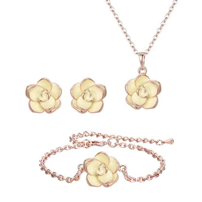 EleQueen Rose Flower Necklace Earrings Bracelet Set for Women - color: Light Yellow-Rose Gold