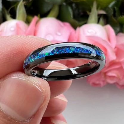 TUTISS 4mm Silver/Black Tungsten Rings for Women Men Engagement Wedding Bands Genuine Blue Green Galaxy Opal Inlay Domed Polished Comfort Fit - color: 4mm Black Tungsten Blue Galaxy Opal