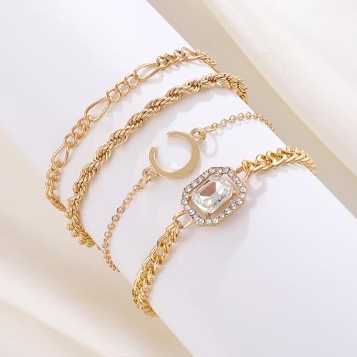 Alegend 14K Gold Plated Stackable Multilayer Bracelets + Titanium Steel(Not Rust, Resist Corruption, Easily Clean) 18K Gold Plated Single Bracelets - color: 14K Gold Plated Four-Layered