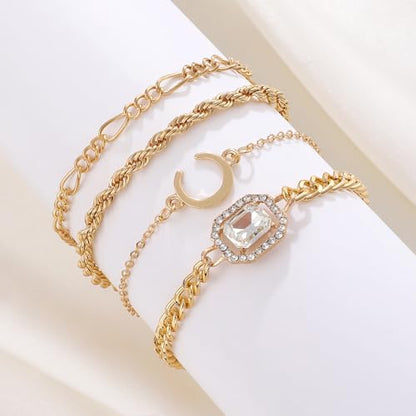Alegend 14K Gold Plated Stackable Multilayer Bracelets + Titanium Steel(Not Rust, Resist Corruption, Easily Clean) 18K Gold Plated Single Bracelets - color: 14K Gold Plated Four-Layered