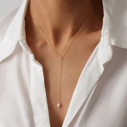 S.J JEWELRY Womens Handmade CZ Simple Delicate 14K Gold Plated/Rose Gold Plated/Silver Plated Lariat Simple Baton Adjustable Y Necklace - color: Y-2-Pearl
