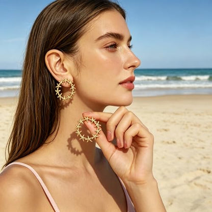 Gold Statement Earrings For Women, 14K Gold Plated Textured Geometric Drop Earrings - Hypoallergenic Stainless Steel Statement Earrings for Women, Waterproof Fan-Shaped Dangle Earrings for Beach & Daily Wear - color: Starfish DKE252030GL