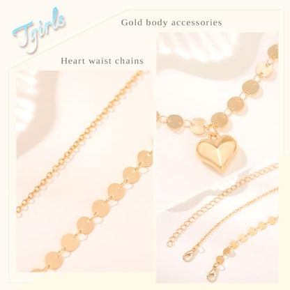 Tgirls Gold Waist Chain for Women Rhinestone Layered Belly Chains Beads Body Chain Heart-Shaped Beach Body Jewelry for Summer - style: Heart