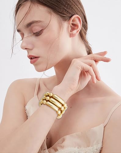 LALAPPLE Gold Plated Beaded Acrylic Bamboo Tube Bangle Bracelets for Women, Colorful Chunky Curved Tube With Gold Plated Pieces Beads Stretch Bracelet Friendship Summer Beach Jewelry - color: Y-gold 3pcs
