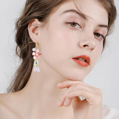 NEWITIN 4 Pieces Flower Jewelry Set for Women Fashion Costume Jewels Pink Flower Dangle Earrings Necklace Floral Beads Bracelet Gold Jewelry Set for Women - color: Pink Flower Earrings Set