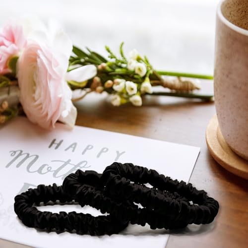 VLOMOT 3 Pcs Set 100% Pure Mulberry Silk Hair Scrunchies Hair Ties with 3 Chic Colors Everyday Skinny Scrunchies Silk Ponytail Holders Hair Care No Damage (Black) | Silk Hair Ties for Thin Hair with 3 Chic Colors Everyday Skinny Scrunchies Silk Ponytail H